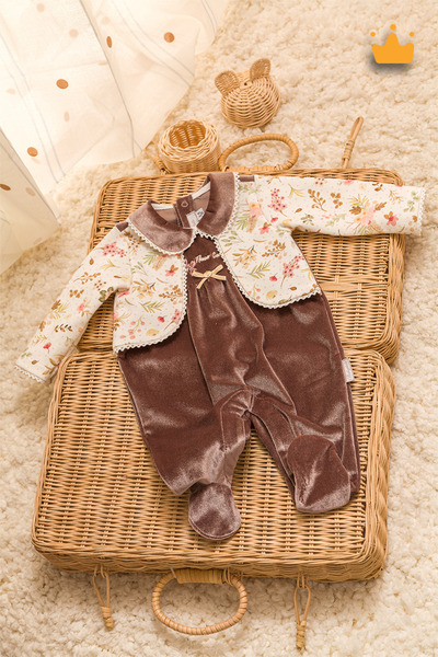 Babydola Kadife Patikli Kız Bebek Tulum 0-12 Ay Retro Ceketli Görünümlü Hediy...
