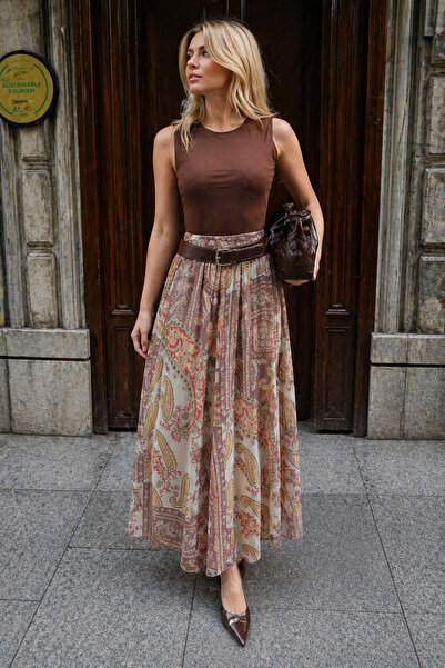 İLKCET MODA Σιφόν έθνικ μπεζ μοτίβο με ζώνη μακριά γυναικεία φούστα