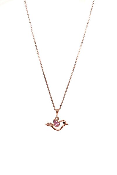 SUNSHINE 925 Ayar Rose Kaplamalı Pembe Taşlı Kuş Tasarımlı Gümüş Kolye