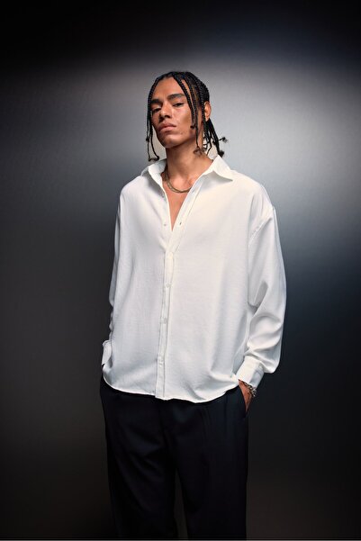 Slatra Cămașă albă pentru bărbați ușor texturat cu mânecă lungă supradimensionat