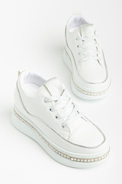 SNİCKER White Hidden Heel Sole with Stones and Laces, Shiny Sports Shoes