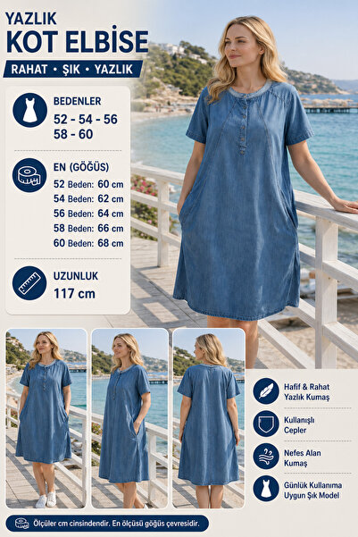 STYLENEST Büyük Beden Kadın Kot Elbise 52-60 Beden Yazlık Salaş Denim Elbise ...