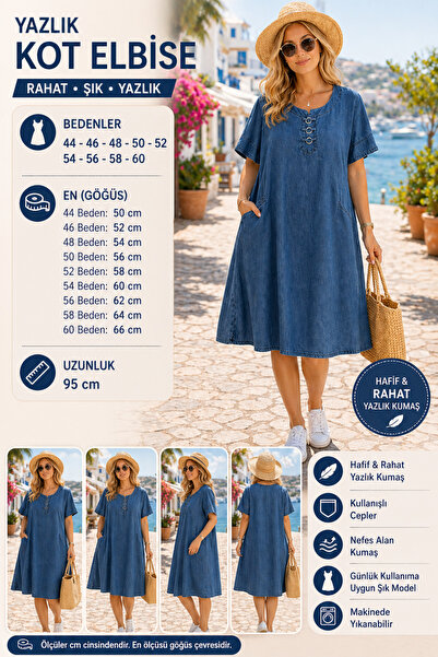 STYLENEST Büyük Beden Kadın Kot Elbise 52-60 Beden Yazlık Salaş Denim Elbise ...