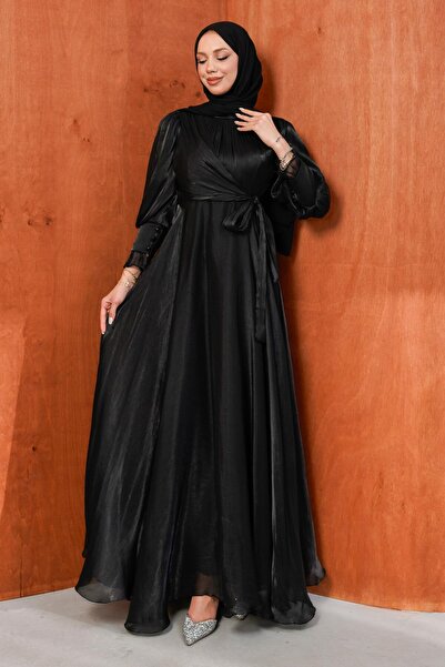 İmajButik Rochie de seara neagra cu cravata laterala