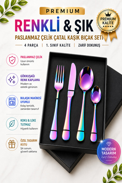jojobebek Premium Paslanmaz Çelik Çatal, Kaşık ve Bıçak Seti– Modern Gökkuşağ...