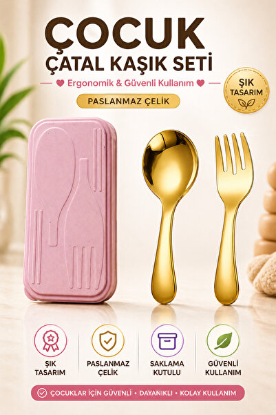 jojobebek Gold Renk Premium Çocuk Paslanmaz Çelik Uçlu Çatal-Kaşık Set 24+ Ay