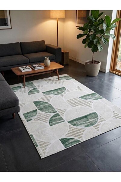 NaRStore Home Dinar Geometrik Modern Desen Yeşil Kaymaz Taban Yıkanabilir Kes...