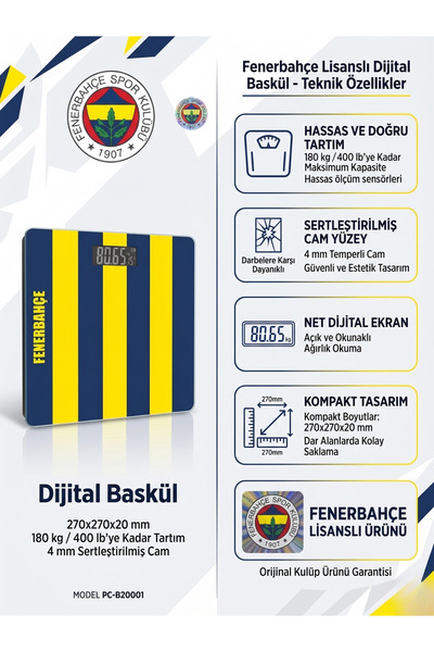 GoSmart Fenerbahçe Orijinal Lisanslı Dijital Cam Baskül Tartı 180 Kg Kapasite...