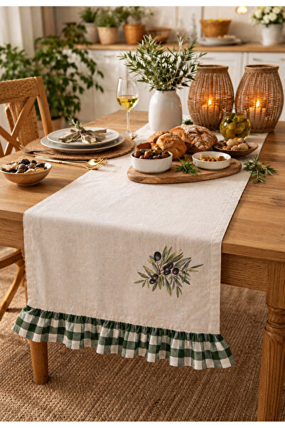 Sister Home Design Zeytin Desenli Runner Fırfırlı Masa Örtüsü Farmhouse Mutfa...