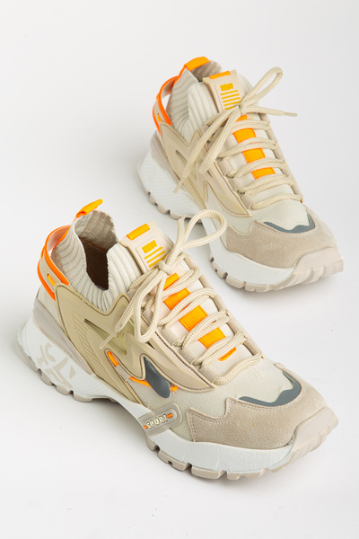 SNİCKER Women's Sneaker Textile Lace-Up Sports Shoes Beige