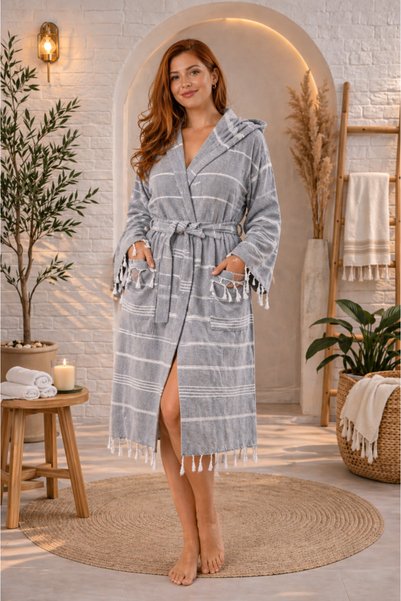 MODELHOME Cotton Gray Colored Large Size Hooded Peshtamal Bathrobe, Dressing Gown and Beach Dress (Mega Size)