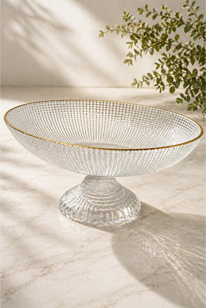 ANGDESİGN Damla Oval Gondol Kenarı ALTIN YALDIZLI 23x18cm Mutfak Sofra Sunum Masa Sunumu Cam Meyvelik Cam Meyve Tabağı Dekoratif Sunumluk Ayaklı Sunum Tabağı Salon Mutfak Masa Üstü OVAL Ayaklı Meyvelik
