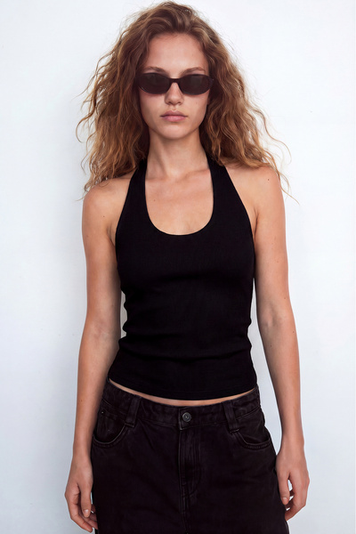TWILIT %96 Pamuk Fitilli Halter Yaka Çift Katlı Kadın Crop Top Body - Siyah