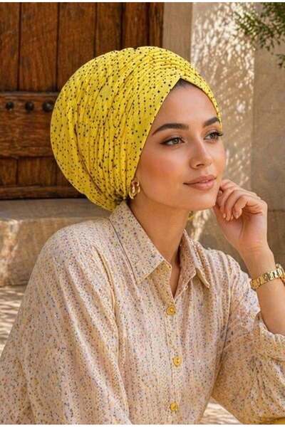 Aişe tesettür Κίτρινο μαύρο πουά καπέλο με κορδόνι περίσφιξης