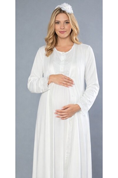 FLZ Maternity Nightgown and Robe Set – Long Sleeve Lace Detailed Maternity Ni...