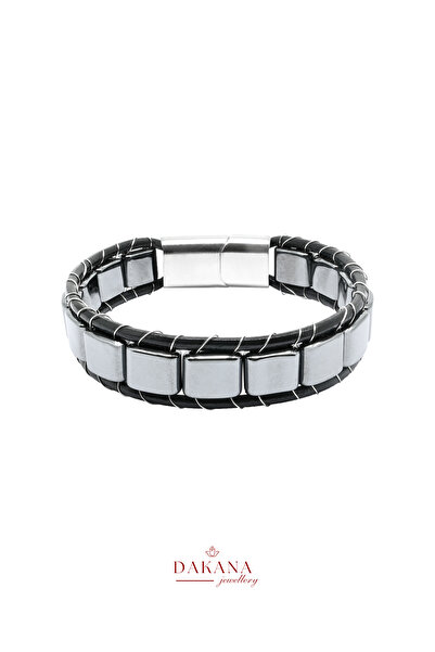DAKANA JEWELLERY Sertifikalı Hematit Taşı Düz Kare Siyah Deri Bileklik