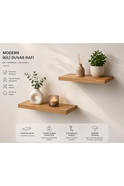 BMD MOBİLYA Ikili Duvar Raf Seti (50 CM UZUNLUK 20 CM GENİŞLİK 18 MM KALINLIK)
