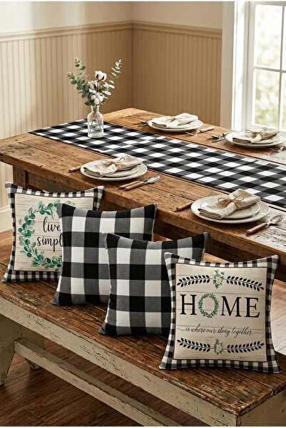 HOMESSA Black Plaid Patterned Runner and 4-Piece Throw Pillow Set
