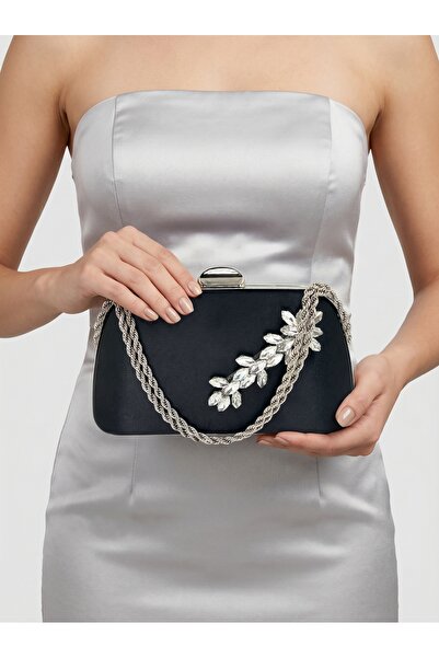 Biçanta Ειδική σχεδίαση Μαύρη Χρώμα Σατέν Λαβή Αλυσίδας Ασημένια Κρυστάλλινη ...