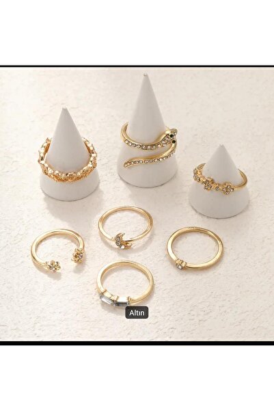 M SMİLE 7Lİ KADIN GOLD RENK MODERN EKLEM YÜZÜĞÜ KARMA FİGÜRLÜ EKLEM YÜZÜK SETİ YILAN EKLEM YÜZÜĞÜ
