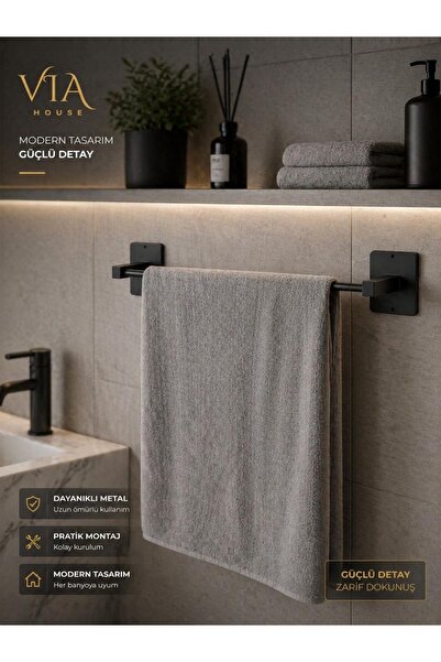 VİE HOUSE Siyah Yapışkanlı Vidalı Uzun havluluk Banyo Havlu Askısı