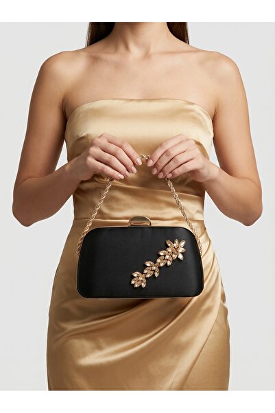 Biçanta Ειδική σχεδίαση Μαύρη Χρώμα Σατέν Λαβή Αλυσίδας Ασημένια Κρυστάλλινη ...