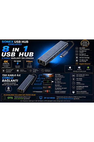 SONEX Macbook Pro Air Usb Type-c Hub Dönüştürücü Çevirici Çoklayıcı Usb Hdmı Micro Sd 8 Girişli