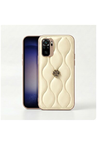 Pro Aksesuar Xiaomi Redmi Note 10 Uyumlu Kılıf Çiçekli Dalgalı Deri Kılıf Bej