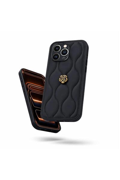 Pro Aksesuar Apple iPhone 15 Pro Max Uyumlu Kılıf Çiçekli Dalgalı Deri Kılıf Siyah