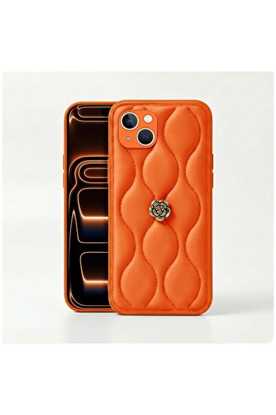 Zebana Apple iPhone 15 Uyumlu Kılıf Camellia Deri Kılıf Turuncu