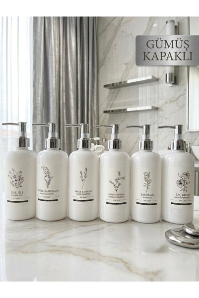 Dem Home 6'Li Silver Cap Bathroom Bottle Set White 500ml Plastic Soap Dispenser Bottle Set