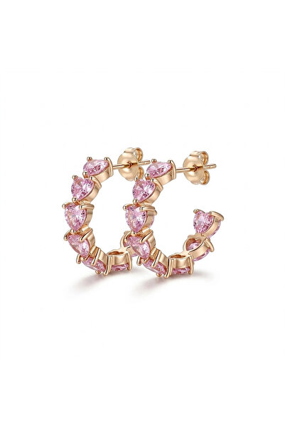 h&b design jewel İthal Gold Pembe Kalp Taşlı Halka Küpe