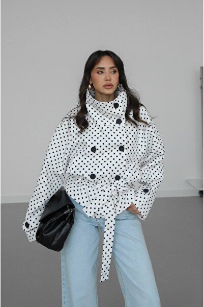 asyadabutik Γυναικεία καμπαρντίνα με όρθιο γιακά, πουά και ζώνη