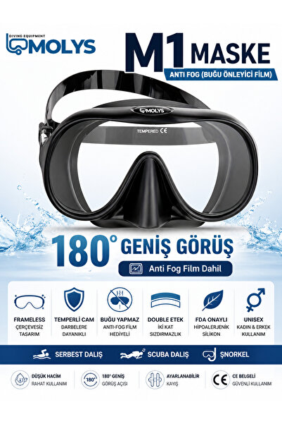 MOLYS M1 PROFESYONEL DALIŞ MASKESİ + ANTI FOG (BUĞU ÖNLEYİCİ FİLM) SİYAH