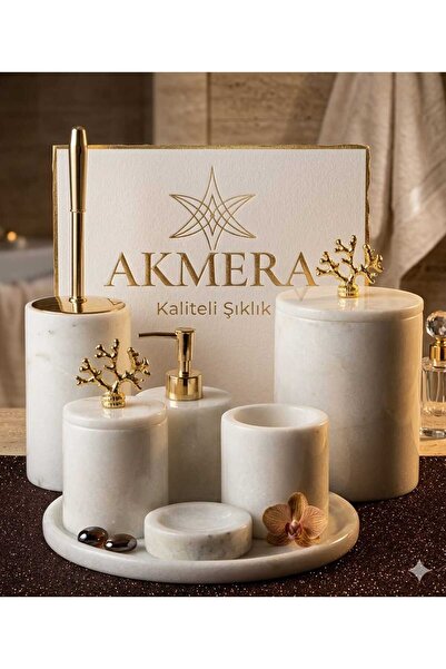 Akmera Home طقم حمام من الرخام الأبيض مع تفاصيل ذهبية ومرجانية مكون من 7 قطع