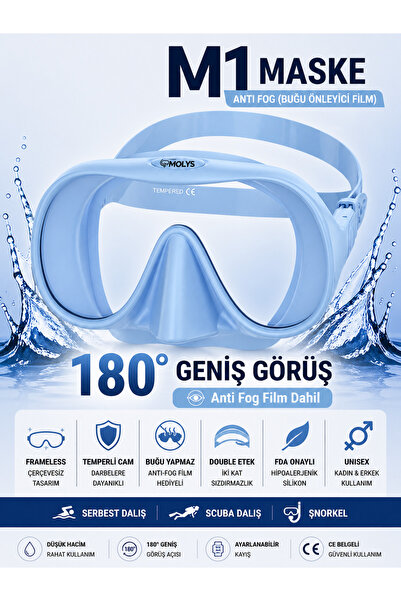 MOLYS M1 PROFESYONEL DALIŞ MASKESİ + ANTI FOG (BUĞU ÖNLEYİCİ FİLM) SAFİR MAVİ