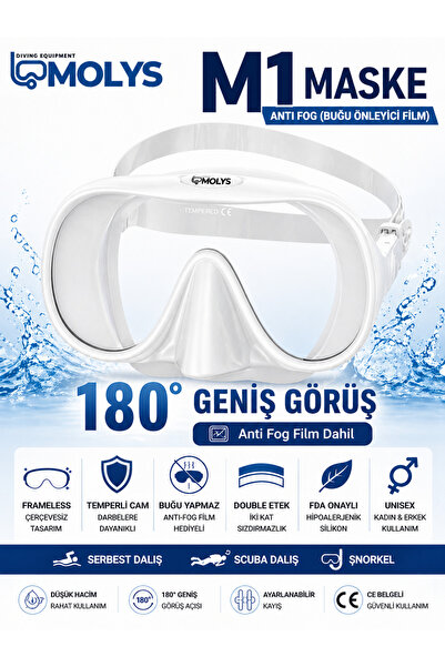MOLYS M1 PROFESYONEL DALIŞ MASKESİ + ANTI FOG (BUĞU ÖNLEYİCİ FİLM) BEYAZ