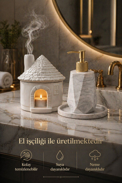 lufen deco Mermer Desenli Görünümlü Sıvı Sabunluk Banyo Tuvalet Wc Takımı Sab...