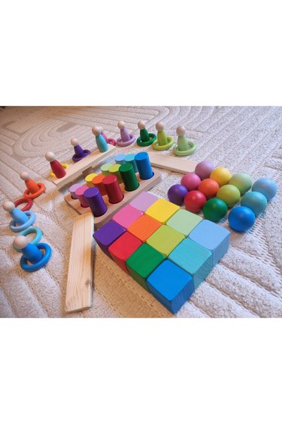 Moccotoys Waldorf Eşleştirme Tablalı Silindir Halka Peg Bebek Top Küp Seti - (12 Renk)