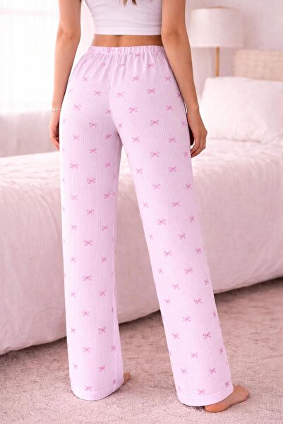 BLUE NIL Kur,Dele Patterned Thin Breathable Satin Ribbon Waist Detail Women's Pajama Bottoms