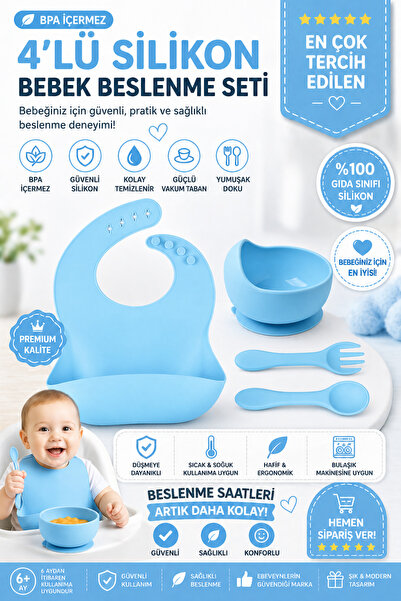 jojobebek Çocuk Silikon Mama Önlüğü, Silikon Vakumlu Kase, Silikon Kaşık Ve Ç...