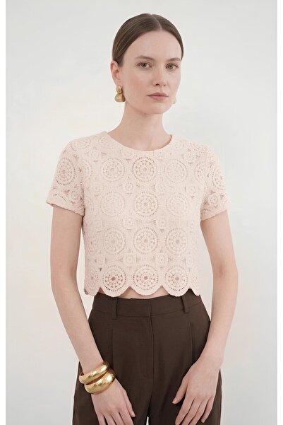 SUN STYLE Μπλούζα με διάτρητη δαντέλα με επένδυση με στρογγυλή λαιμόκοψη