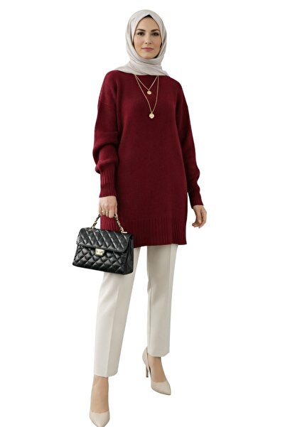 TrikoNova Bordo Bisiklet Yaka Oversize Triko Tunik