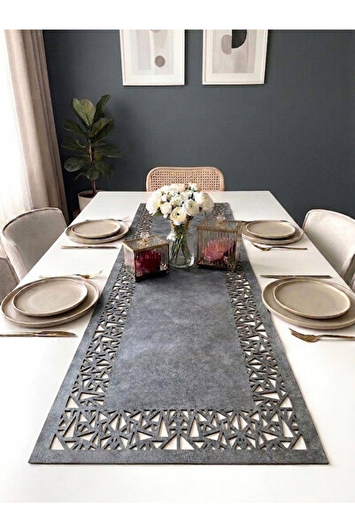 Ergüven Home Σκούρο γκρι Suede Fabric Runner 40x140 cm Μήκος τραπεζιού - Γεωμ...