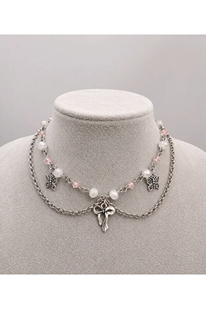 sleyshop Beyaz ve Pembe Boncuklu Fiyonk Kelebek Coquette Kolye