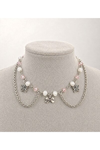 sleyshop Beyaz ve Pembe Boncuklu Fiyonk Kelebek Coquette Kolye