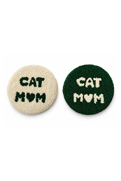 Pet And Planet Cat Mom Punch Bardak Altlığı 2'li Koyu Yeşil&Ekru
