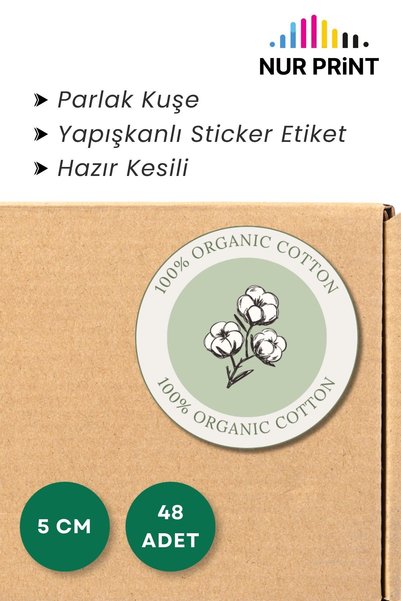 Nur Print Adhesive Sticker, Organic Label Round Diameter 5 Cm, Glossy Coated with "100% Organic Cotton" Written, 48 Pieces