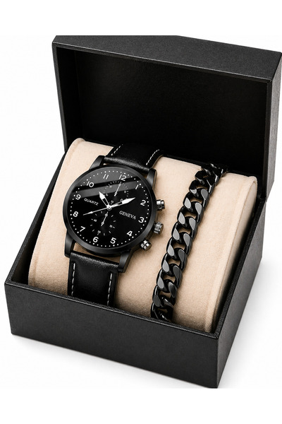 Geneva Ανδρικό σετ δώρου: μαύρο ρολόι χαλαζία με δερμάτινο λουράκι και μεταλλ...