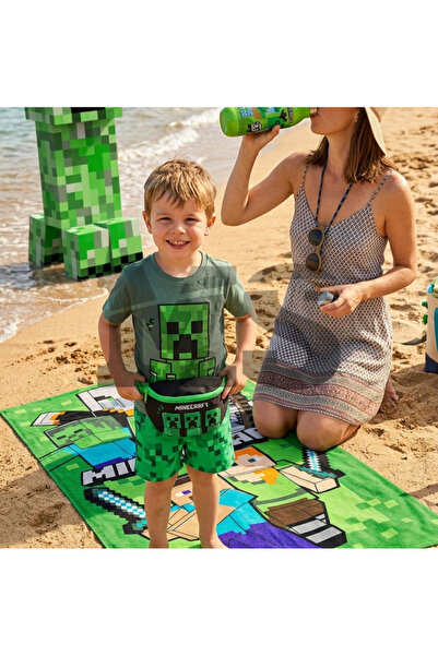 Disney Set Plaja Copii Minecraft 3 Piese-Prosop Plaja 70x140 cm, Borseta Copii si Sticla Apa 640 ml